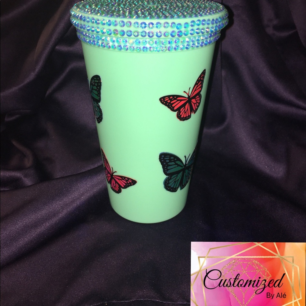 Teal matte butterfly bling tumbler with straw
